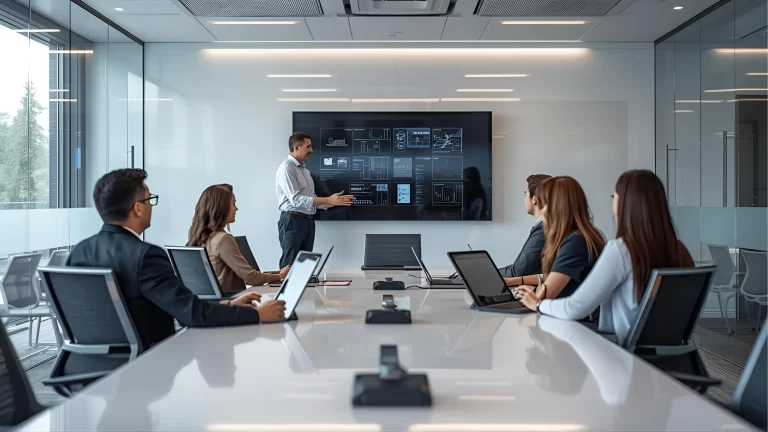 Instructor conducting AV user orientation in a meeting room